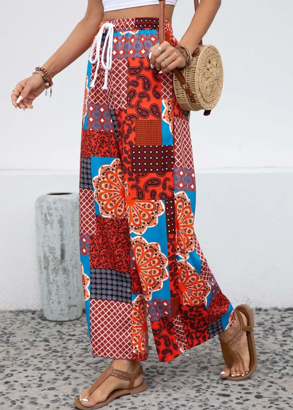 Multi Color Drawstring Tribal Print Drawastring Pants