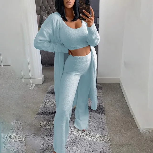 Women's Loungewear Sets Fluffy Fuzzy Sweatsuit 3 Pieces Pajama Pure Color Warm Fashion Simple Party Home Street Fleece Crew Neck Sleeveless Crop Top Pant Elastic Waist Winter Fall Black Camel