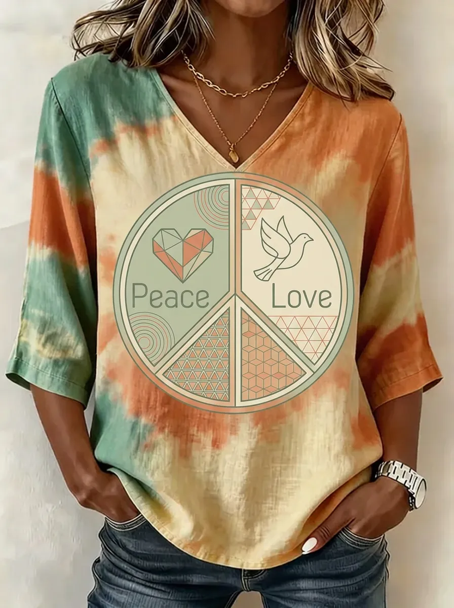 Women's Nashville Peace Love Dove Geometric Printed V-neck Top