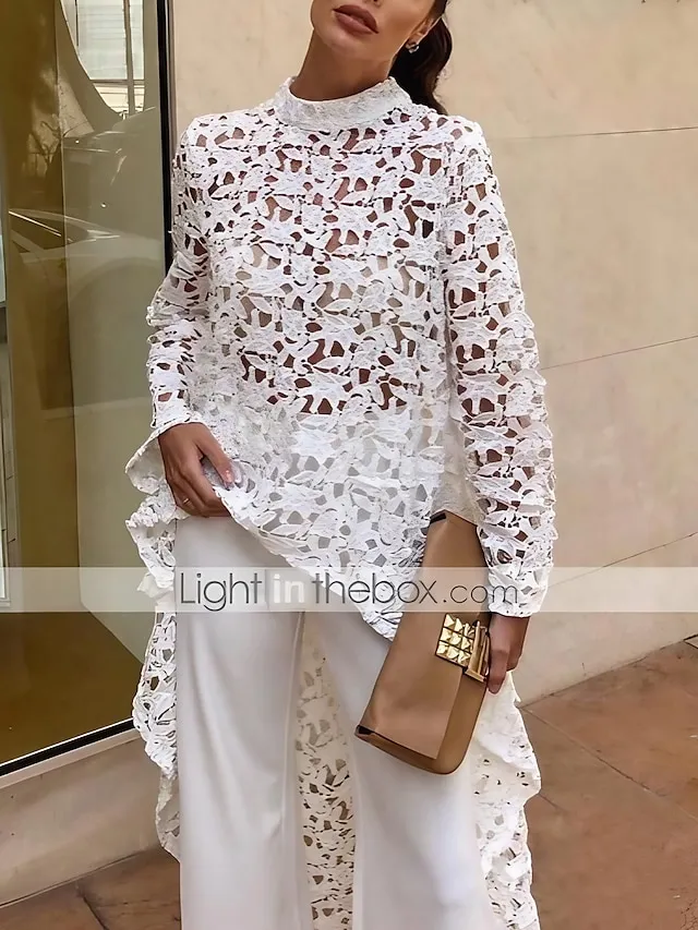 Women's Shirt Blouse Tunic Black White Yellow Plain Lace See Through Long Sleeve Casual Going out Elegant Round Neck Long Slim S