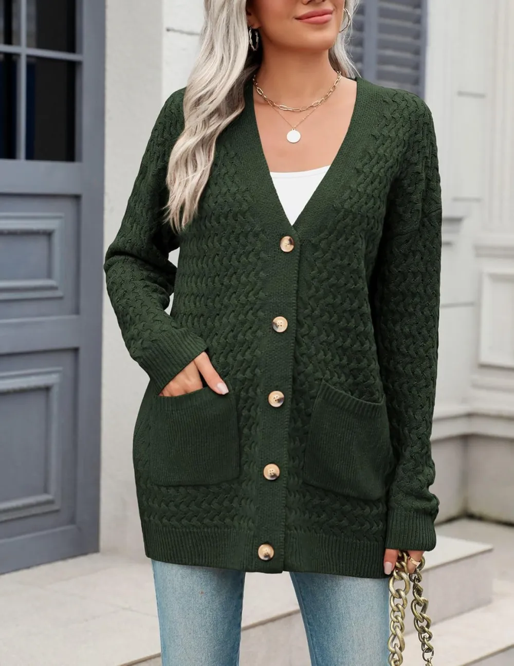 Womens 2024 Long Sleeve Chunky Cable Knit Fall Cardigans Sweaters Button Down Open Front Outerwear with Pockets