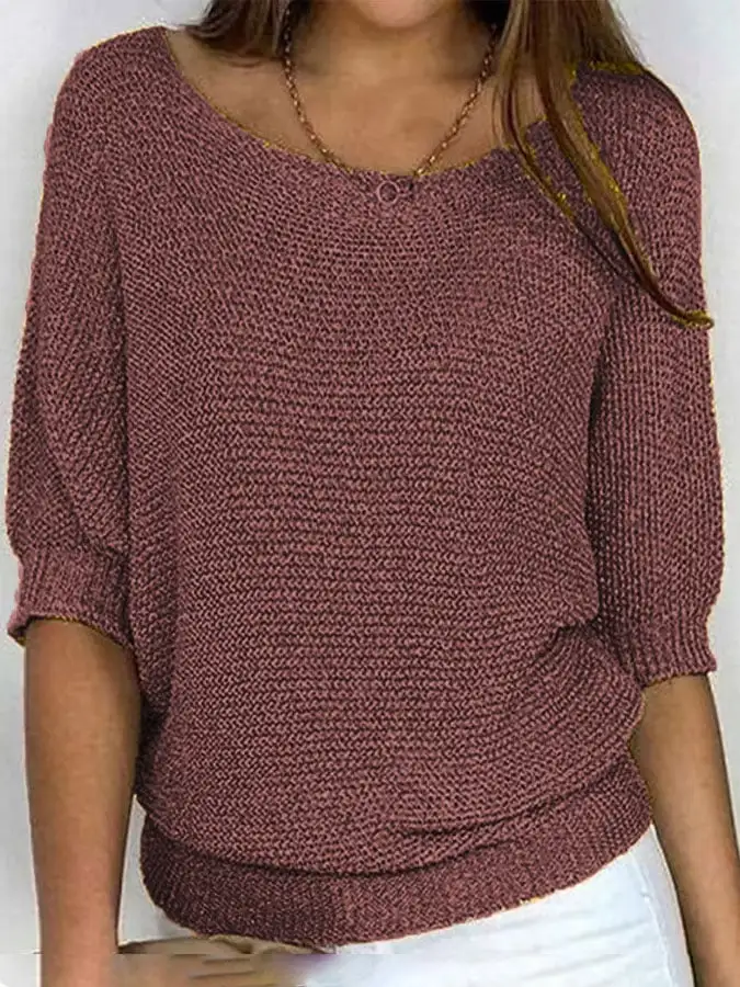 Women's solid color casual loose three-quarter sleeve sweater