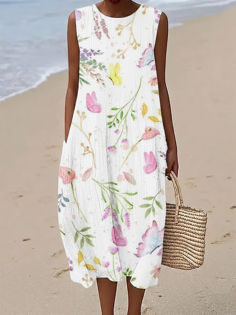 Women's Round Neck Sleeveless Floral Print Dress