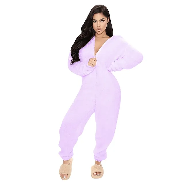 Women's Flannel Adult Onesies Onesie Pajamass Pajama for Adult Jumpsuits Nighty Pure Color Simple Comfort Party Home Christmas  Warm Gift Hoodie Long Sleeve Fall Winter Black