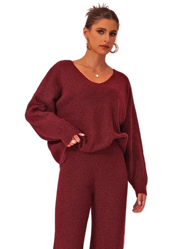 Two-piece Set Women's Solid Color Drop Shoulder Sweater & Pants