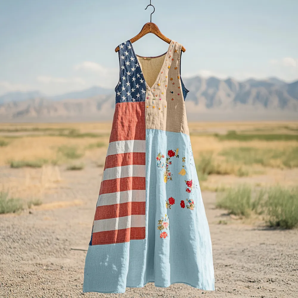Women's Independence Day Flag Print Cotton And Linen Dress