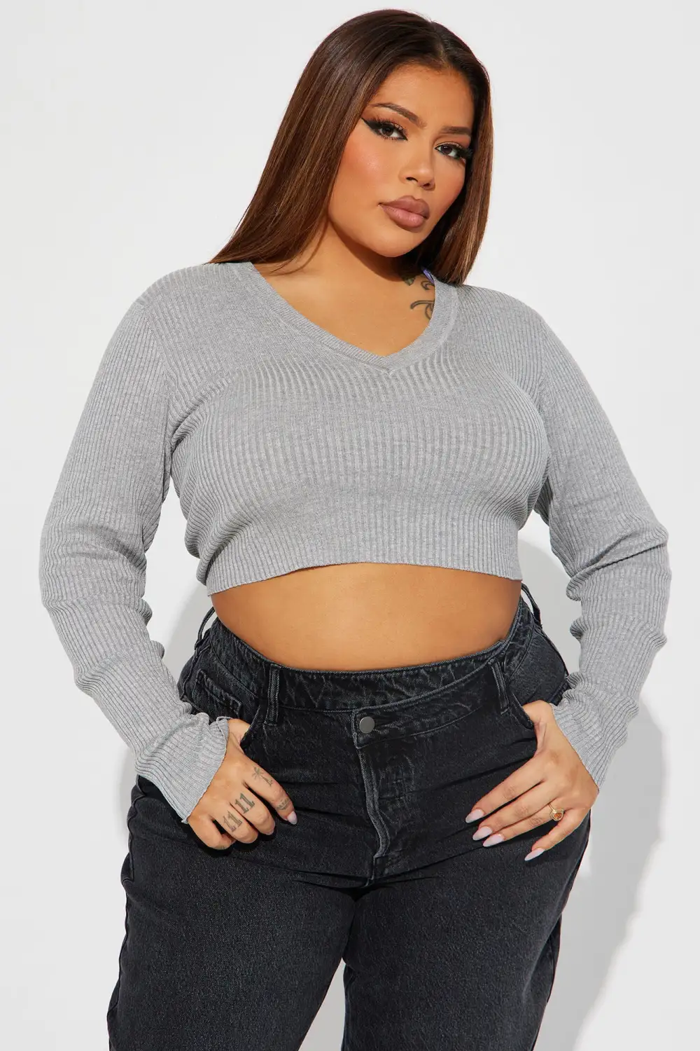 Sheila Ribbed Crop Sweater - Heather Grey