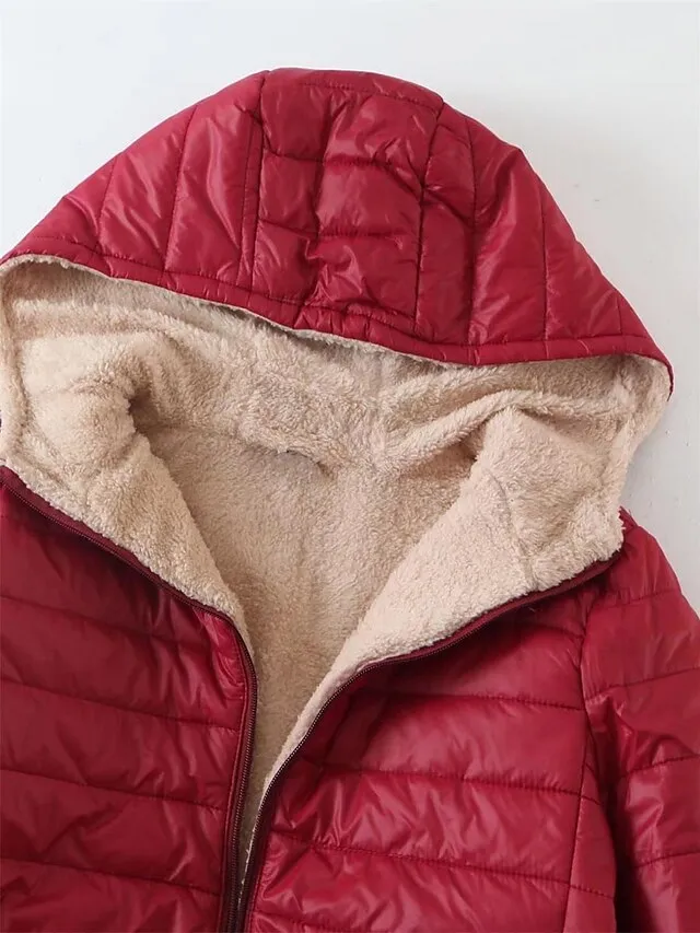 Women's Parka Quilted Coat Fleece Lined Sherpa Jacket Fall Long Coat Winter Puffer Jacket Windproof Warm Heated Coat Stylish Casual Jacket Long Sleeve Plain Full Zip Black