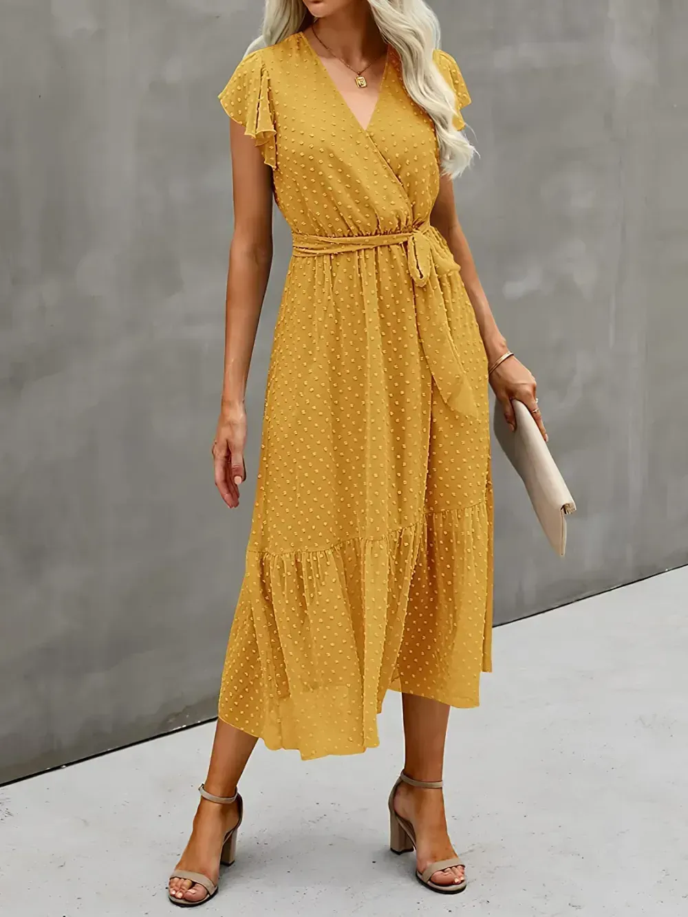 Women Summer Bohemian Floral Casual Wrap V Neck Ruffle Cap Sleeveless Belt A-Line Pleated Hem Swing Midi Sun Dress