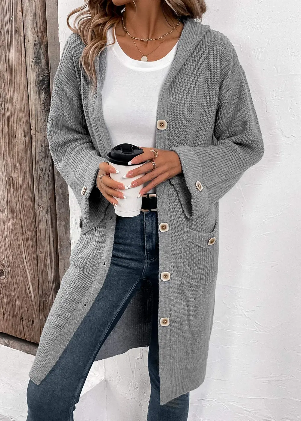 Grey Button Long Sleeve V Neck Cardigan