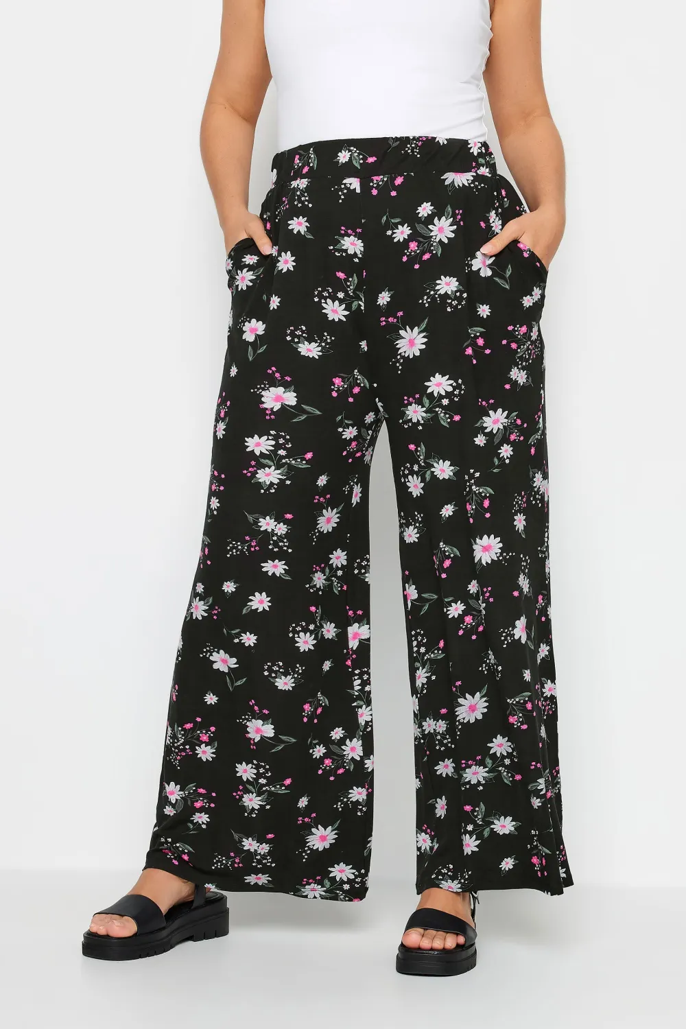 YOURS Curve Black Leopard Print Wide Leg Trousers