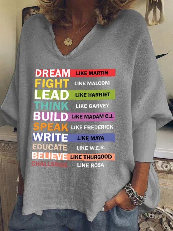 Women'S Dream Like Martin Fight Like Malcom Lead Like Harriet Think Like Garvey Build Like Madam C.J. Speak Like Frederick Write Like Maya Educate Like W.E.B. V-Neck T-Shirt