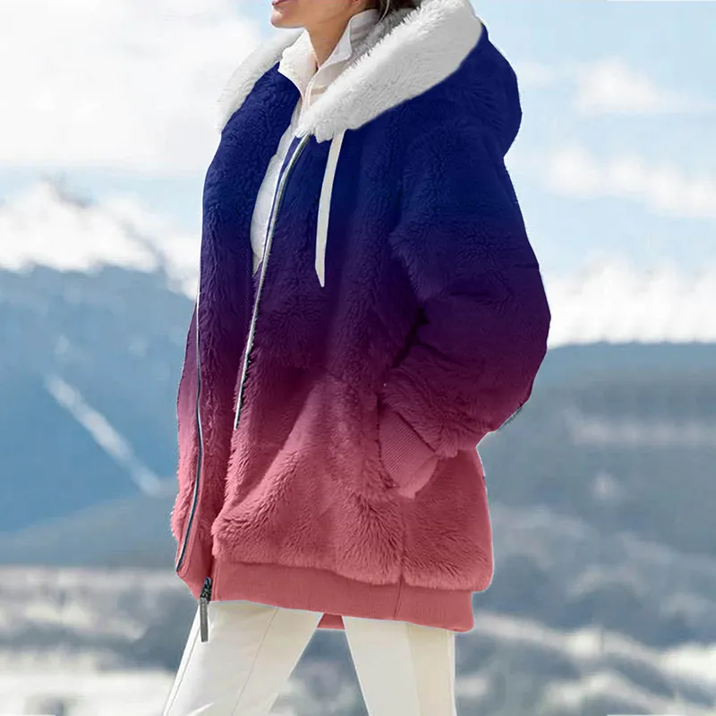 Loose Plush Gradient Zip Hooded Coat