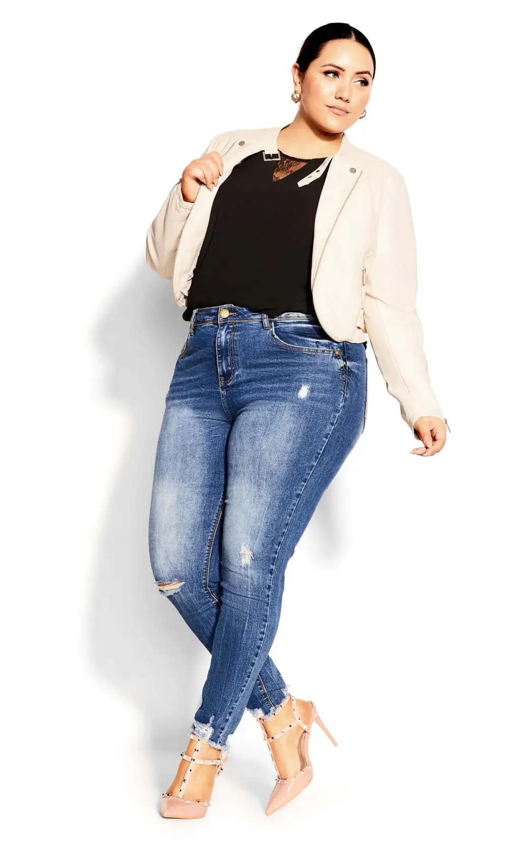 Evans Cream Cropped Biker Jacket