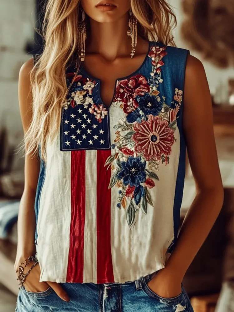 Women's Independence Day American Flag Floral Embroidered Half-neck Linen Blend T-shirt