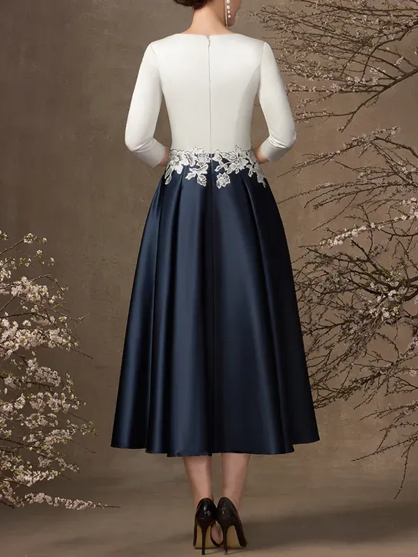 V Neck Tea Length Satin Bridal Mom Dress