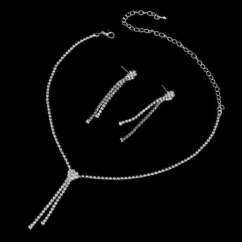 Rhinestone Tassel Drop Earrings Necklace Bracelet Set