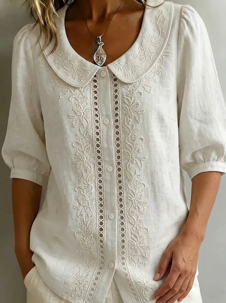 Women's Nashville Floral Embroidery Peter Pan Collar Printed Top