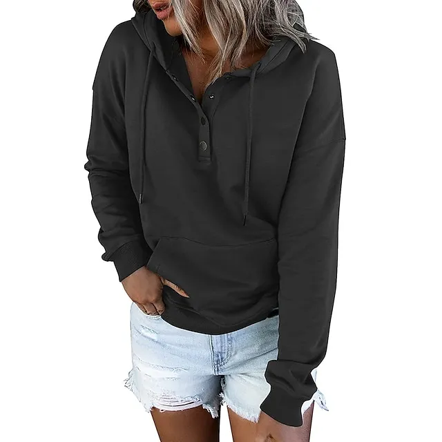 Hoodie Women's Wine Red Black Pink Solid Colored Button Pocket Street Daily Daily Basic Hooded S