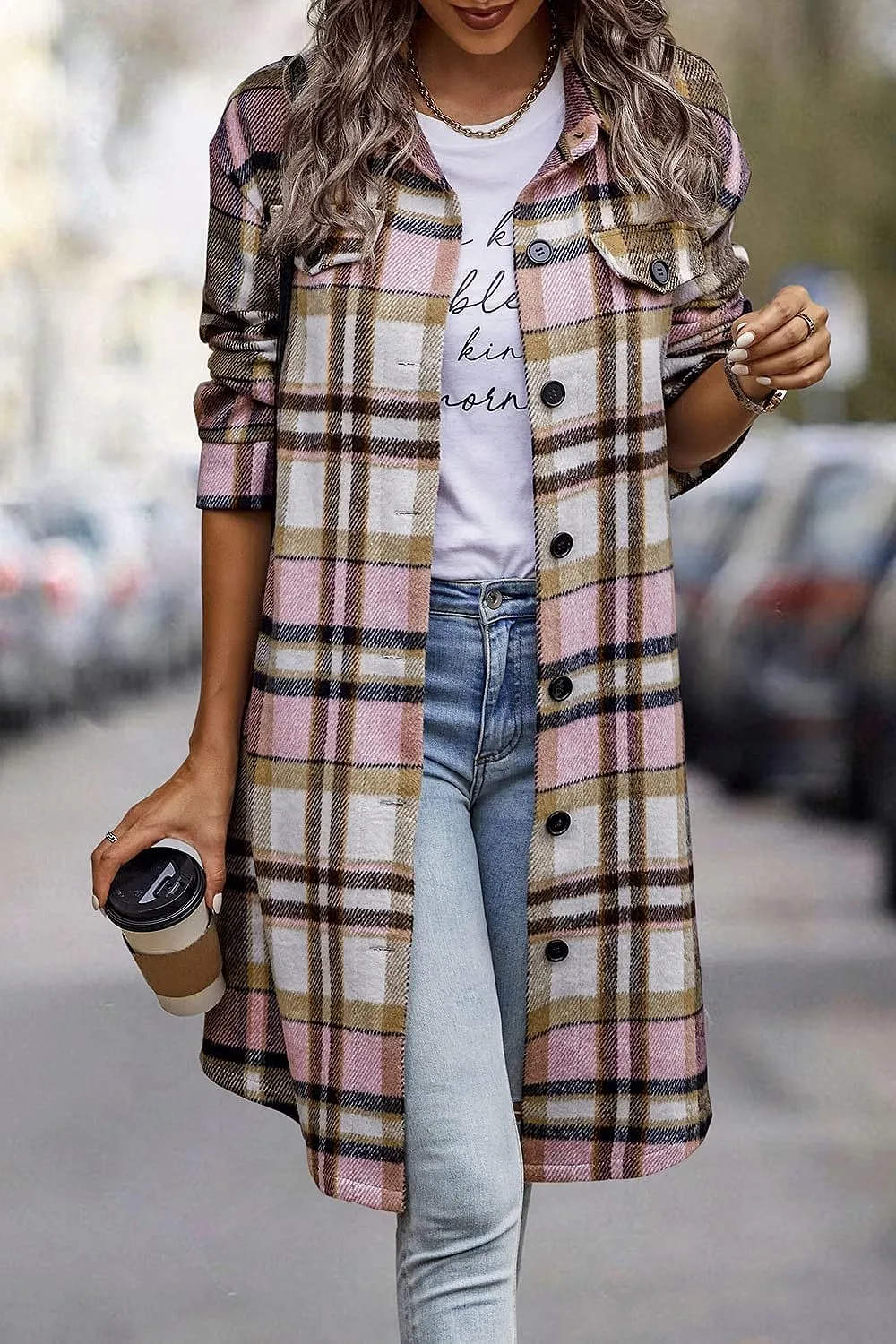 Women's Plaid Shacket 2023 Long Sleeve Button Up Flannel Shirt Winter Tartan Jacket Woolen Coats