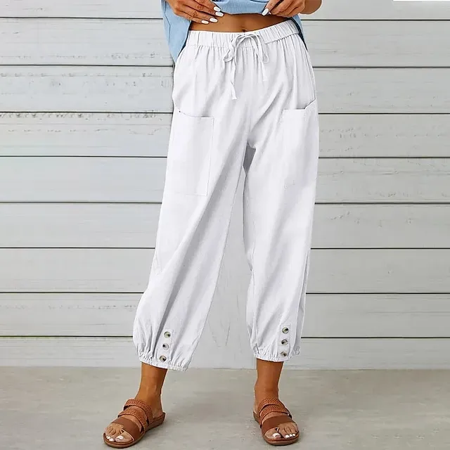 Women's Pants Trousers Linen Cotton Blend Pocket Ankle-Length Black Spring & Summer