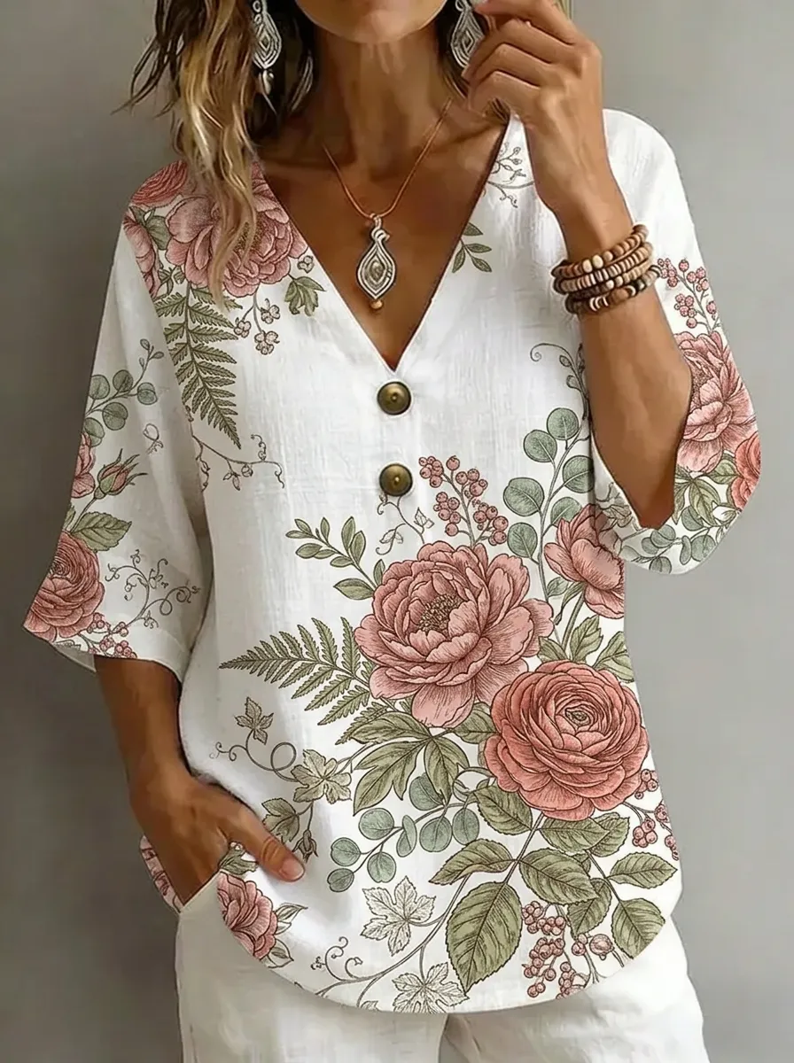 Women's Nashville Floral Botanical Printed V-Neck Button Top