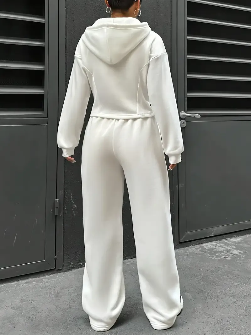 Women's Elegant Solid Color Polyester Hooded Tracksuit Set with Drawstring and Zipper Details – Knit Fabric Pantsuit for All Seasons