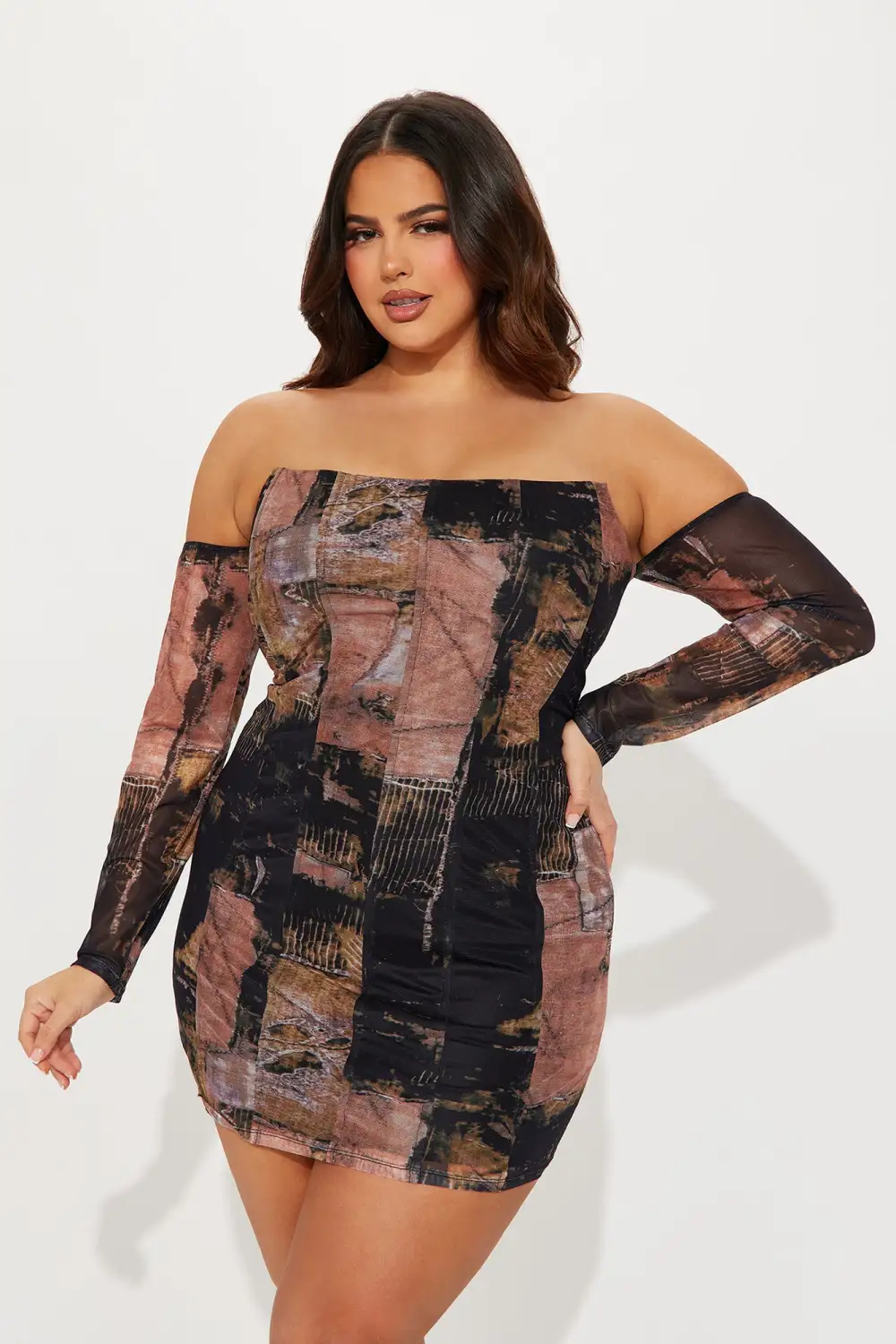 Crystal Mesh Mini Dress - Brown Combo