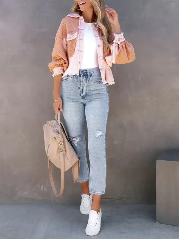 Waffle Patchwork Buttons Wash Jacket