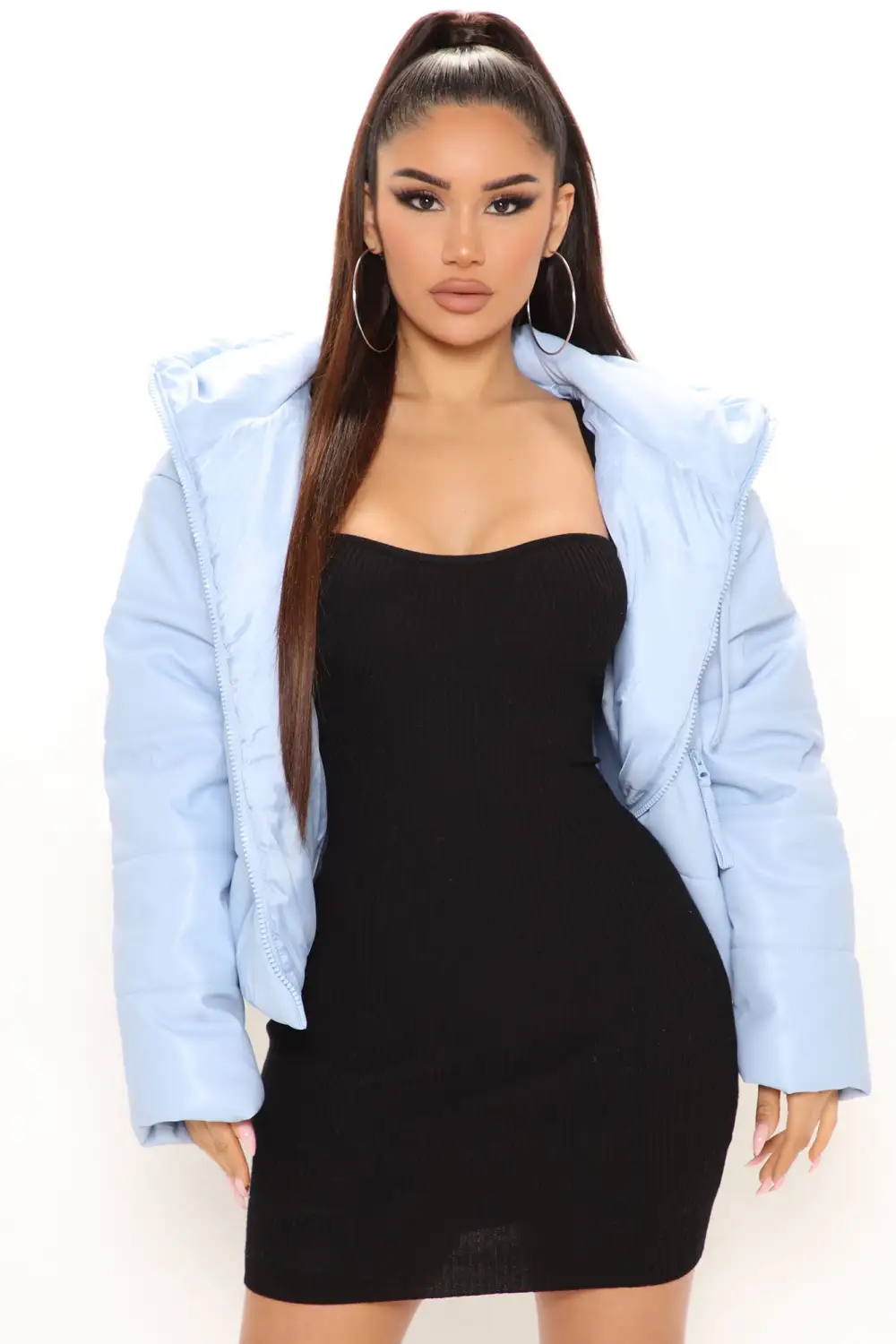 Fashion Finds Faux Leather Puffer Jacket - Light Blue