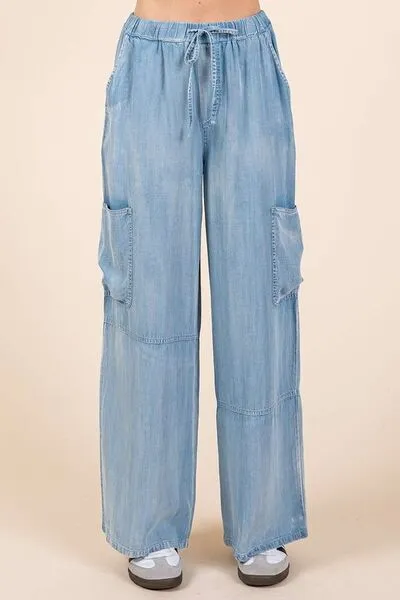 Washed Elastic Waist Cargo Wide Leg Pants