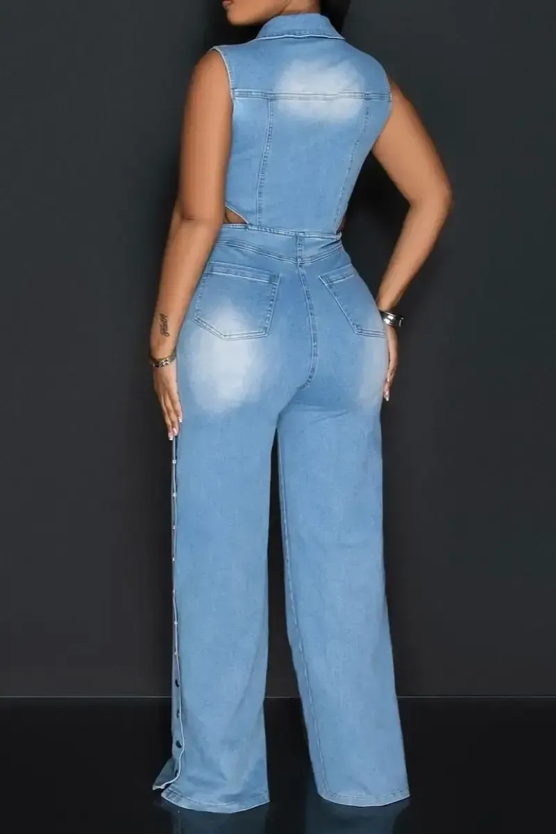 Women's Lapel Hollow Slit Denim Jumpsuit