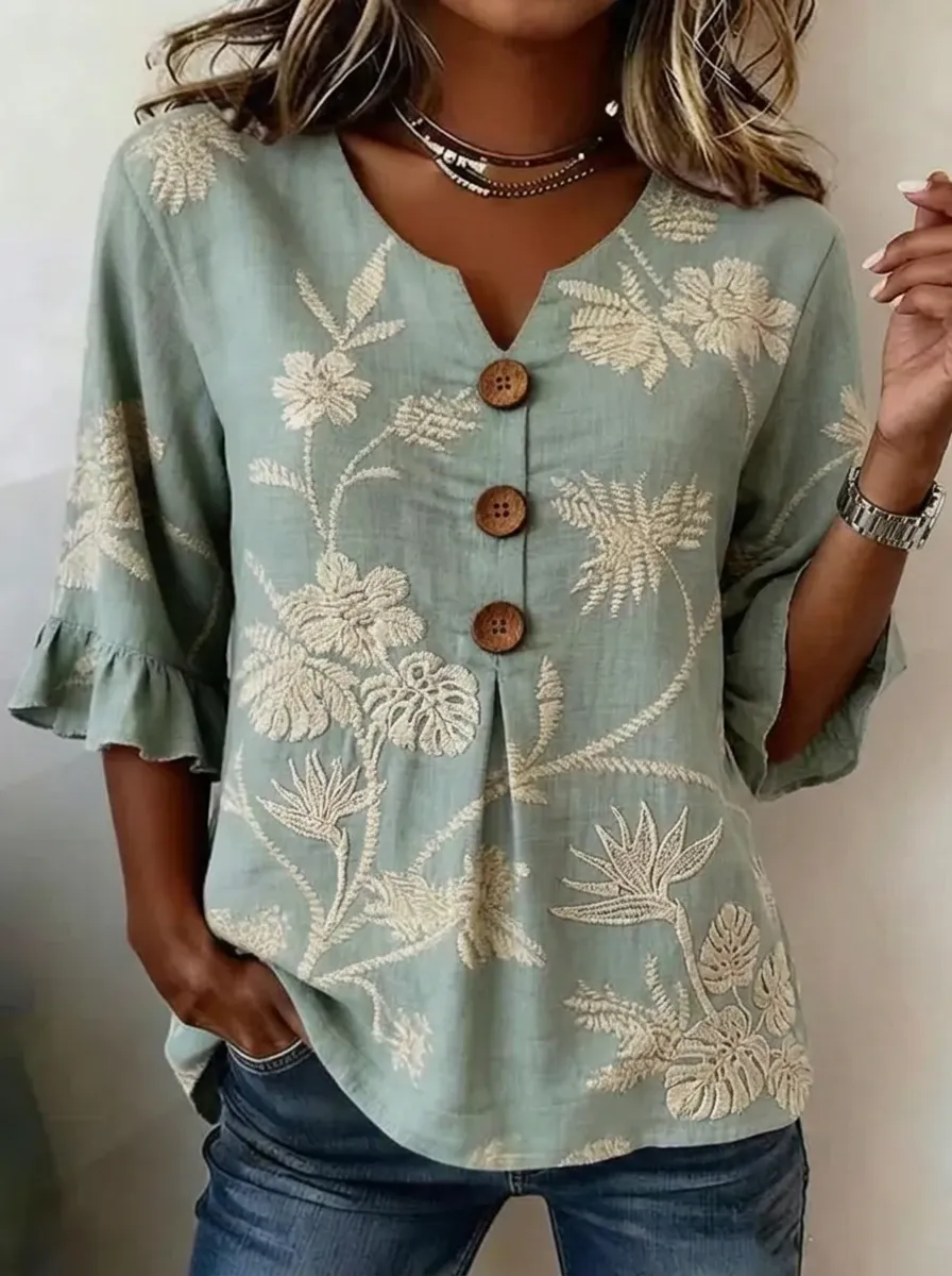 Women's Nashville Floral Embroidered Button-Down Printed Top