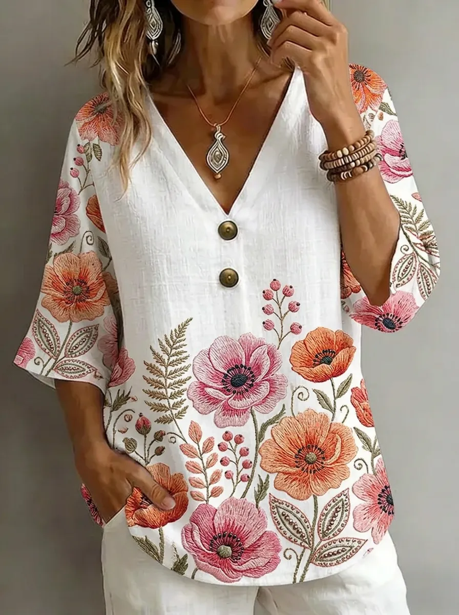 Women's Nashville Floral Botanical Printed V-Neck Button Top