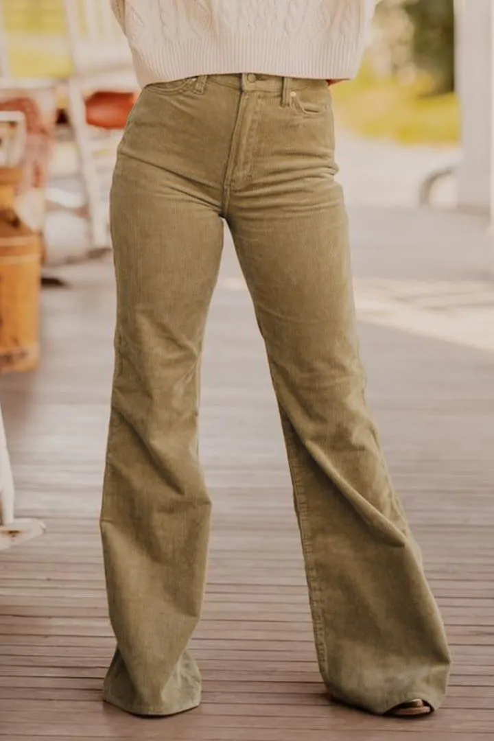Solid Corduroy Patched Back High Waist Flare Pants