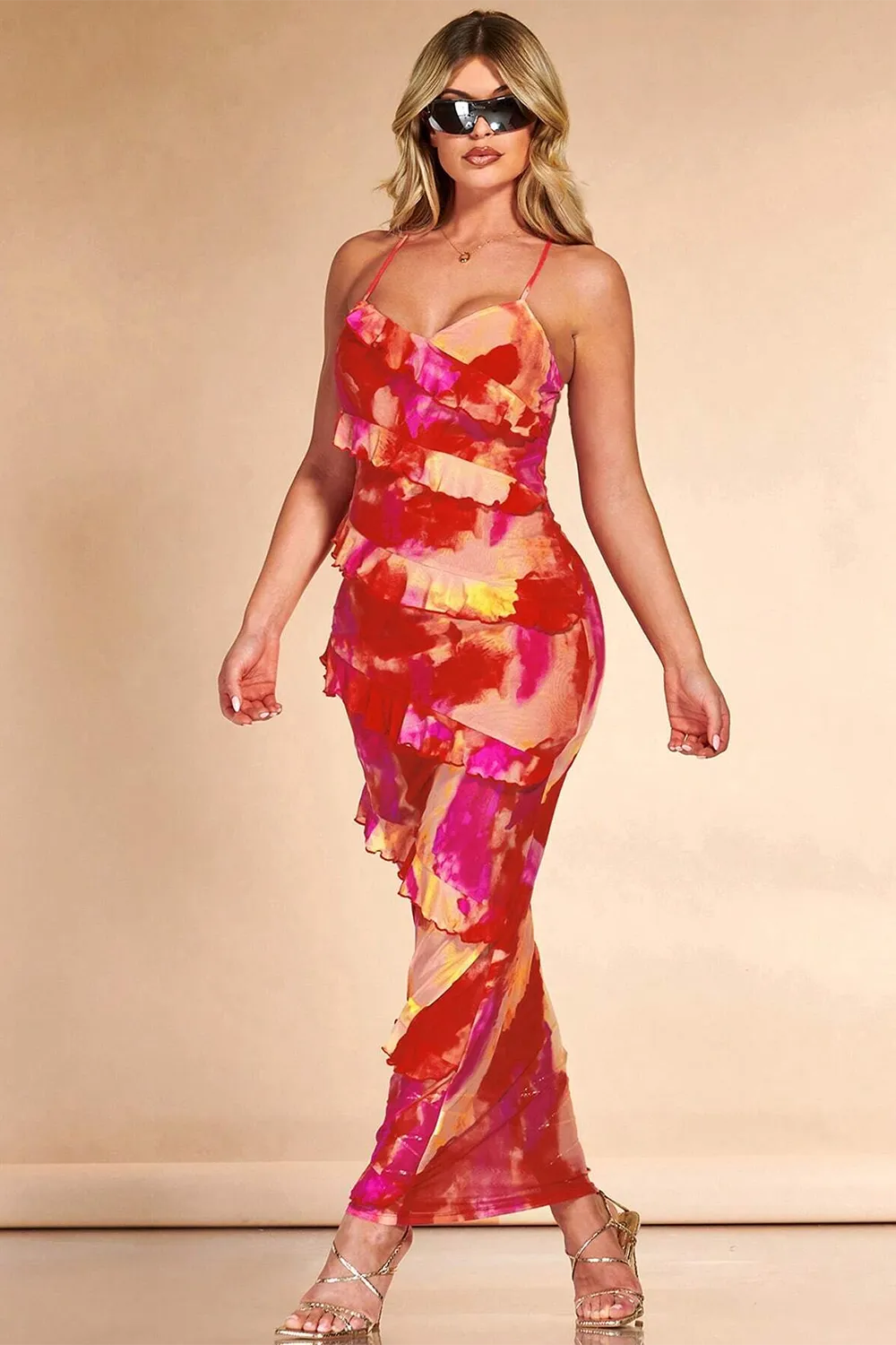 BAE Tie Dye Ruffle Trim Crisscross Backless Ruche