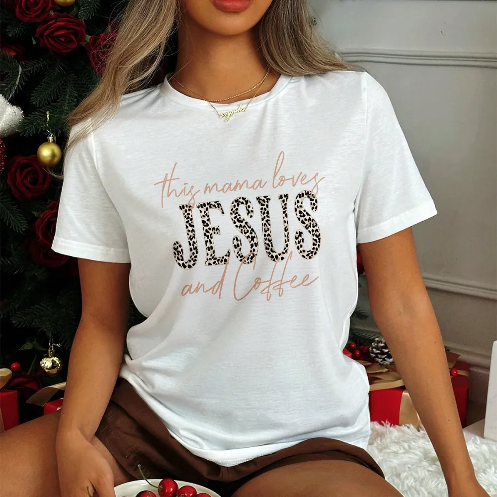 This Mama Loves Jesus And Coffee Printed Round Neck Short Sleeve T-Shirt