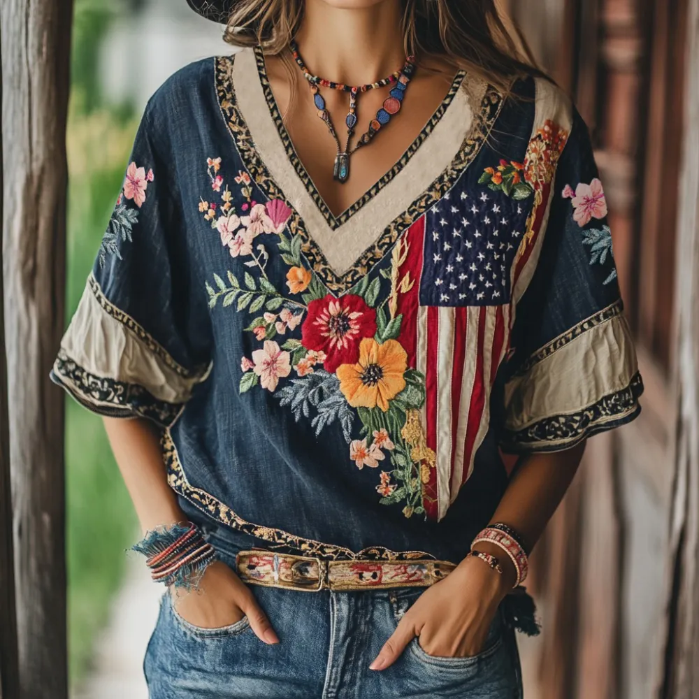 Women's Independence Day Flag Floral Embroidered Three-quarter Sleeves T-shirt
