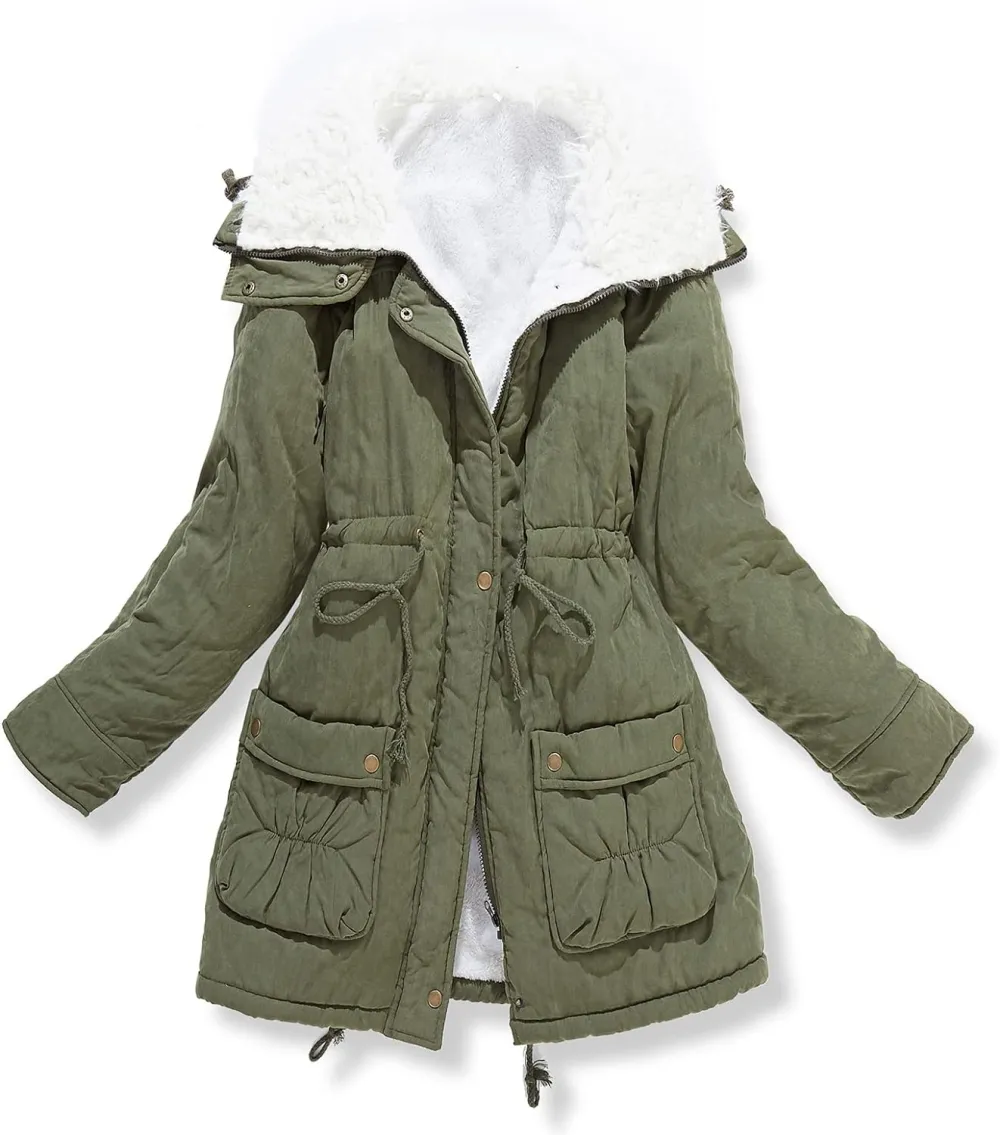 Women's Winter Mid Length Thick Warm Faux Lamb Wool Lined Jacket Coat