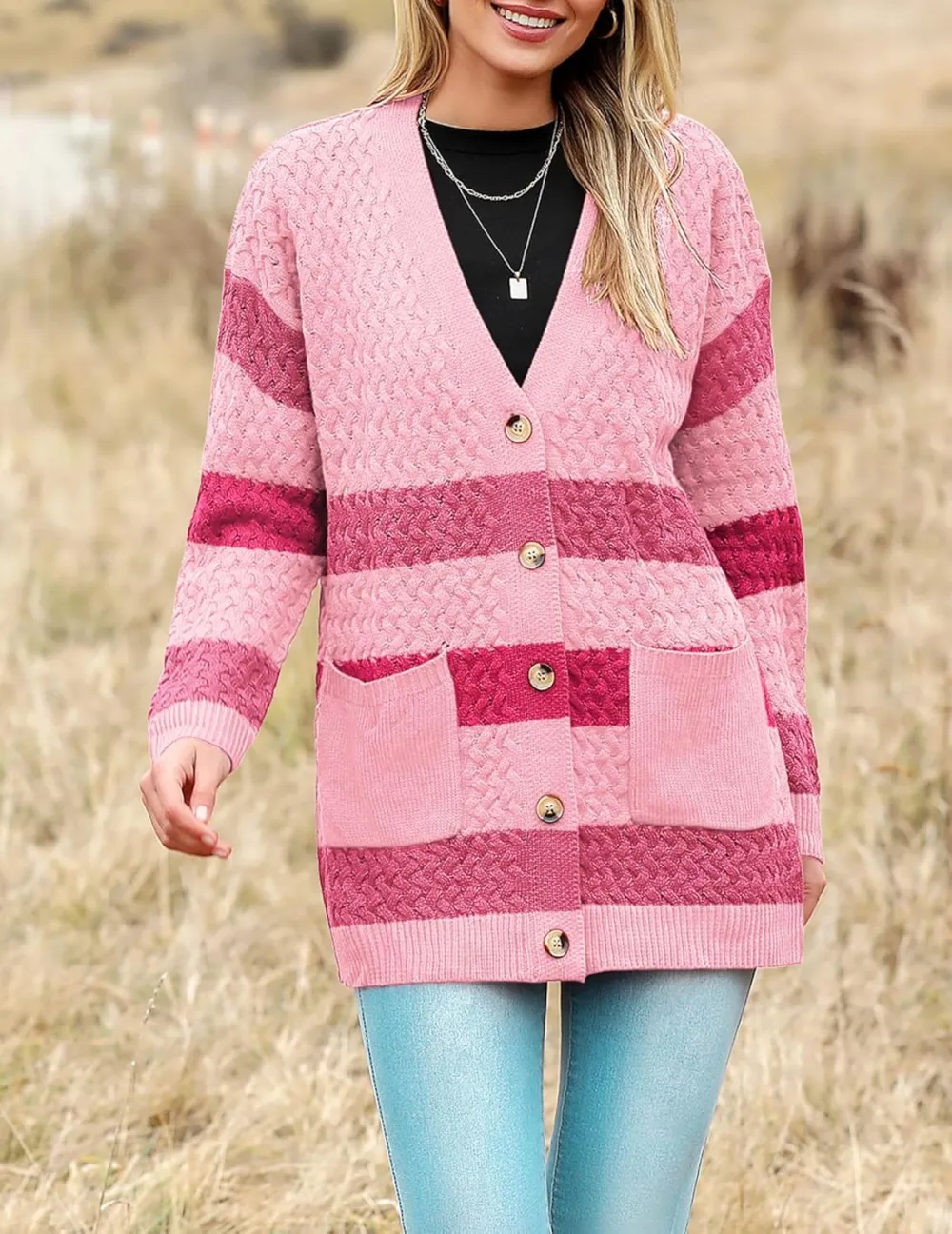 Womens 2024 Long Sleeve Chunky Cable Knit Fall Cardigans Sweaters Button Down Open Front Outerwear with Pockets