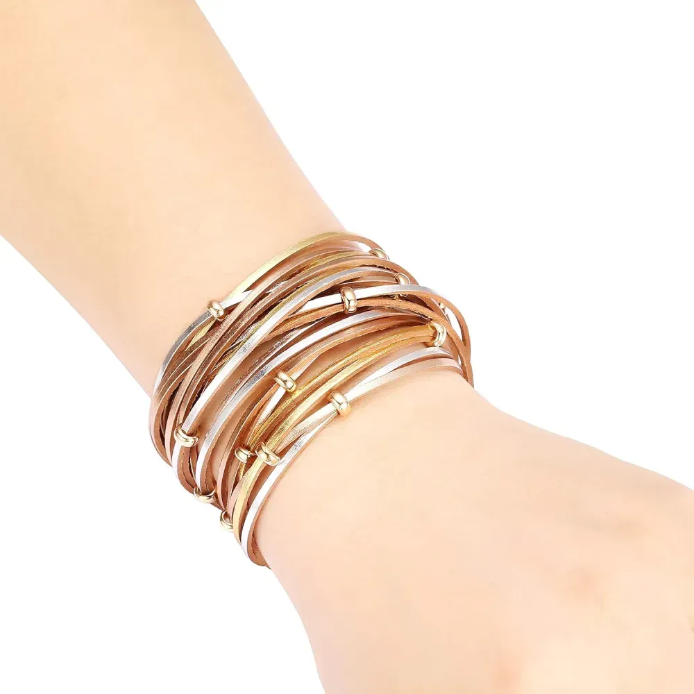 Fesciory Leather Wrap Bracelets for Women, Boho Leopard Multi-Layer Crystal Beads Cuff Bracelet Jewelry