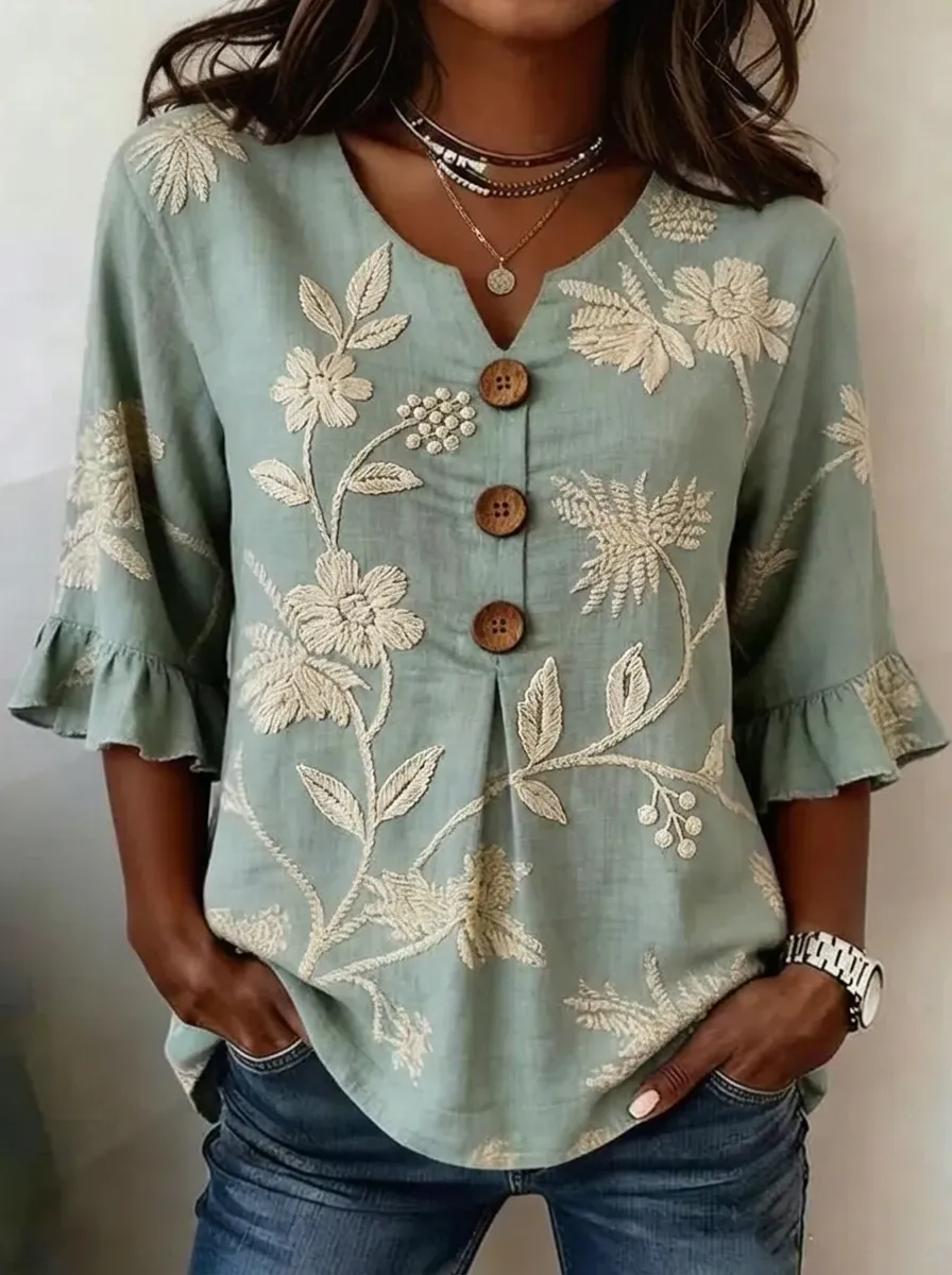 Women's Nashville Floral Embroidered V-Neck Ruffle Sleeve Top
