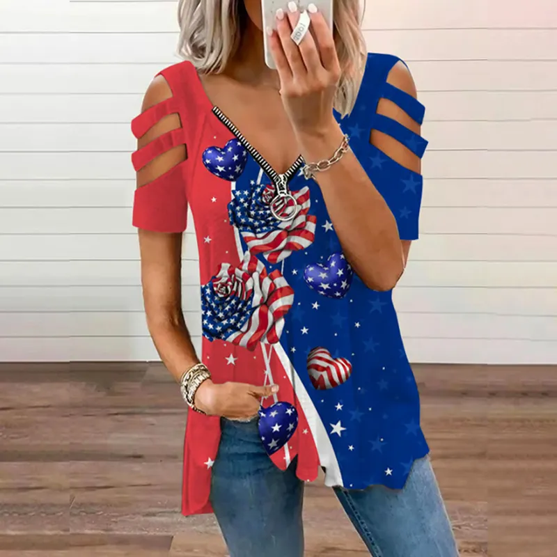 Women's Casual Independence Day Love Heart Zipper Hollow Top
