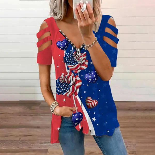 Women's Casual Independence Day Love Heart Zipper Hollow Top