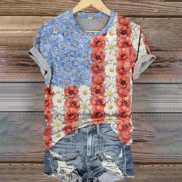 Retro Patriotic Flower Myosotis & Poppy Print T-shirt