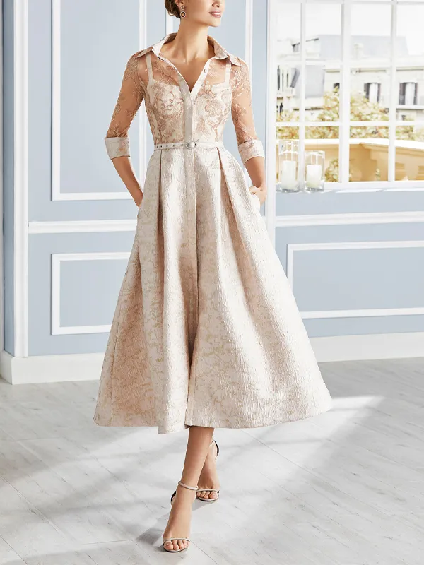 Lapel Lace Print Midi Dress