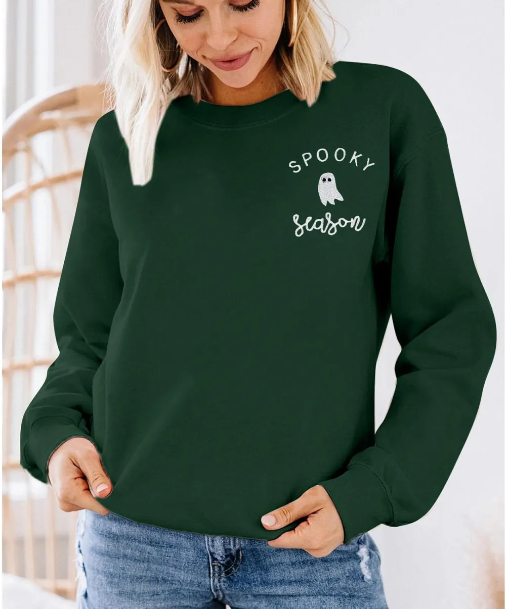 LOTUCY Halloween Sweatshirt Women Cute Spooky Season Sweatshirts Ghost Fall Embroidered Sweater Pullover Top