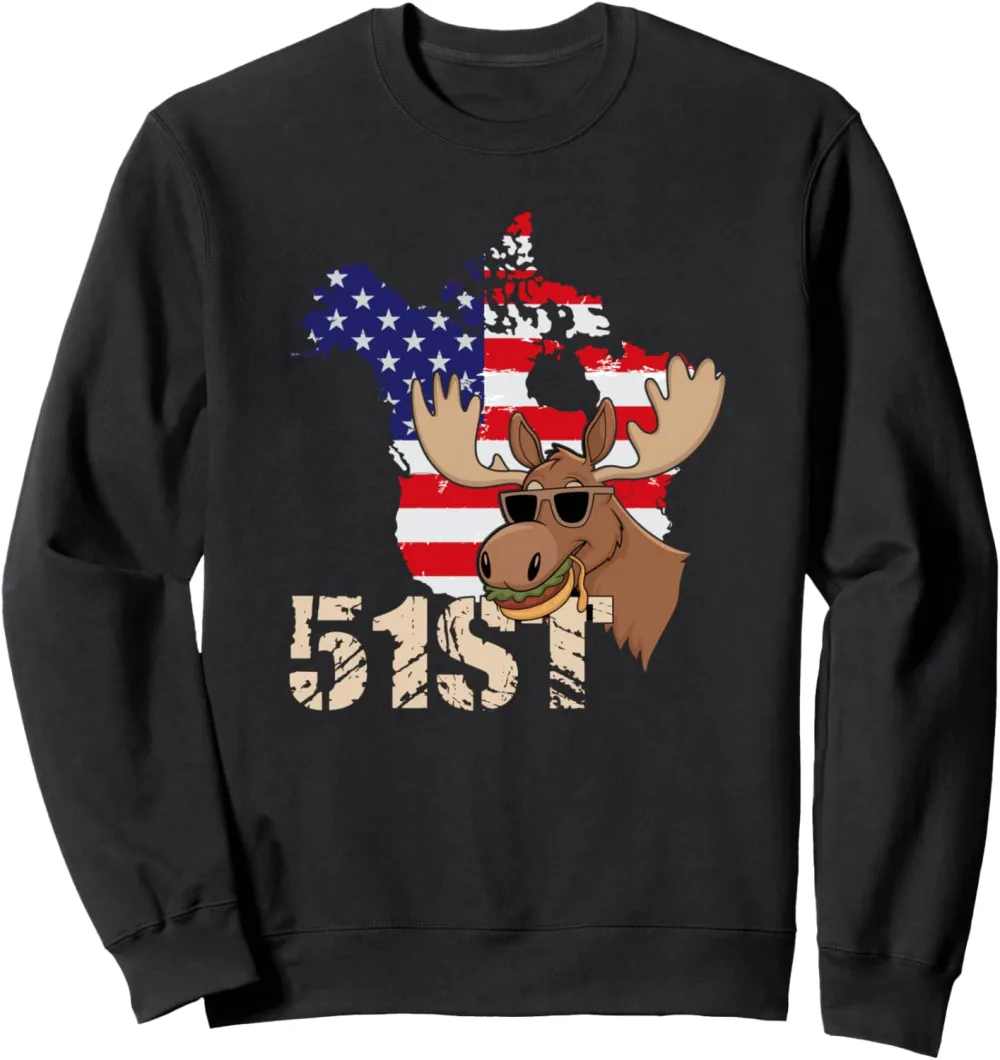 USA America Canada 51st State Map with Moose Having Burger Sweatshirt