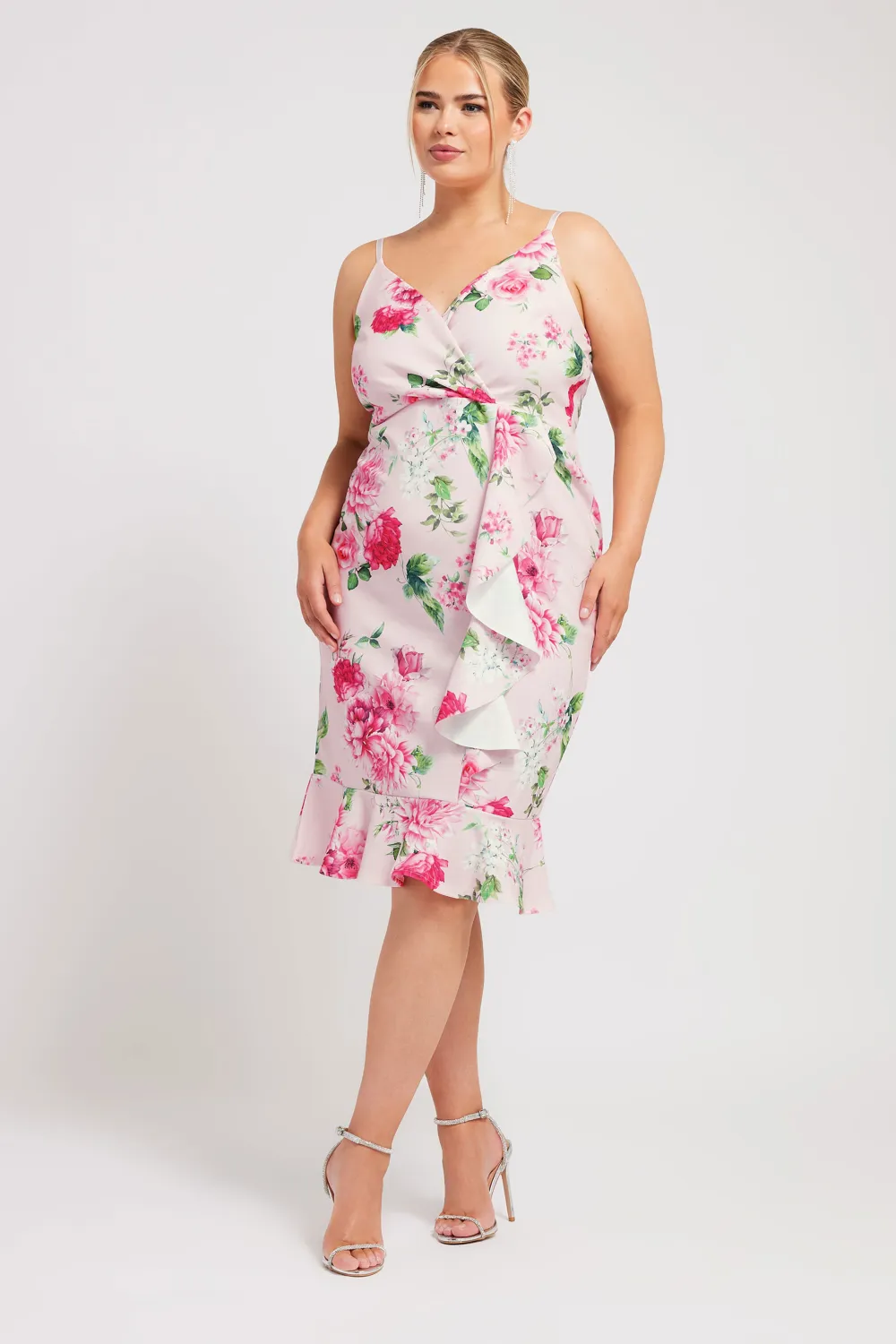 YOURS LONDON Curve Pink Floral Print Ruffle Midi Dress