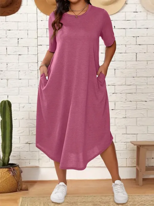 Plus Size Solid Color Dress, Casual Short Sleeve Crew Neck Dress for Spring & Summer, Women's Plus Size Clothing, Plus Size Dresses